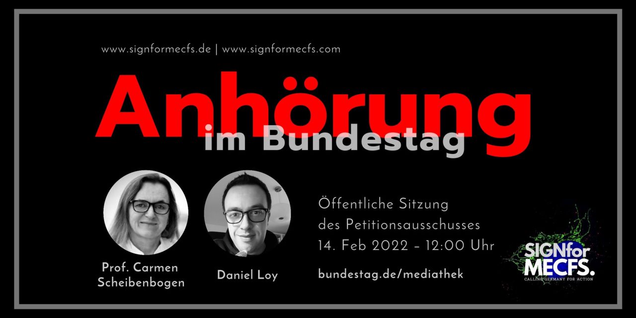 Grafik mit dem Text "Anhörung im Bundestag" und den Portraits von Prof. Dr. Carmen Scheibenbogen und Daniel Loy
