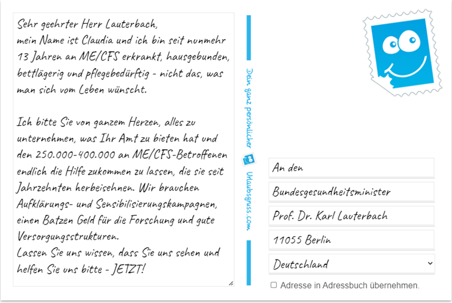 Text der Postkarte an Bundesgesundheitsminister Karl Lauterbach von Claudia