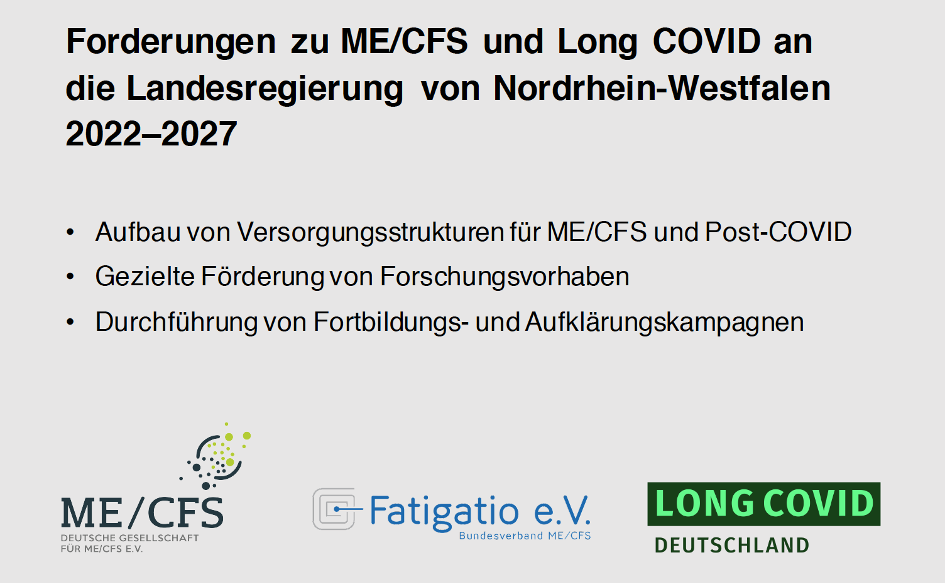 Grafik mit Schriftzug "Forderungen zu ME/CFS und Long COVID an die Landesregierung von Nordrhein-Westfalen 2022–2027" und den Logos der beteiligten Patienteninitiativen